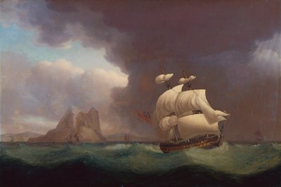 Een tweedekker en andere schepen in stormachtig weer bij Gibraltar door Thomas Whitcombe