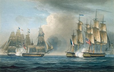 Verovering van de Pomone door HMS Arethusa bij Cuba in 1806, gegraveerd door T. Sutherland voor 