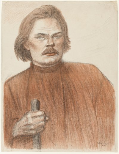 Frontaal portret vanaf de taille van Maxime Gorki door Théophile Alexandre Pierre Steinlen