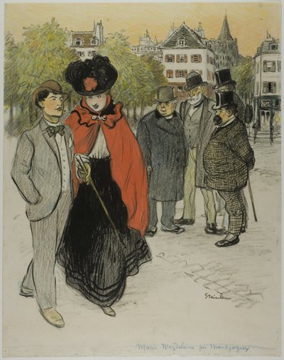 Heren kijken naar een paar dat aan het wandelen is door Théophile Alexandre Pierre Steinlen
