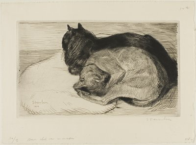 Twee katten op een kussen door Théophile Alexandre Pierre Steinlen