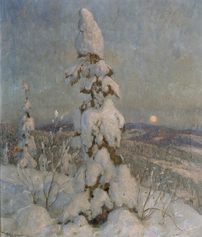 Met sneeuw bedekte spar in maanlicht door Thorolf Holmboe