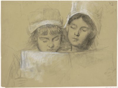 Twee meisjes met witte mutsen, lezend in een boek door Thérèse Schwartze