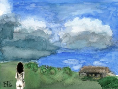Vrouw kijkt uit over een uitgestrekt landschap door Tim Hoinkis