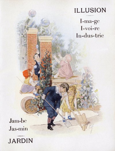 Letters I en J die kinderen in een tuin voorstellen, eind 19e eeuw door Timoleon Marie Lobrichon