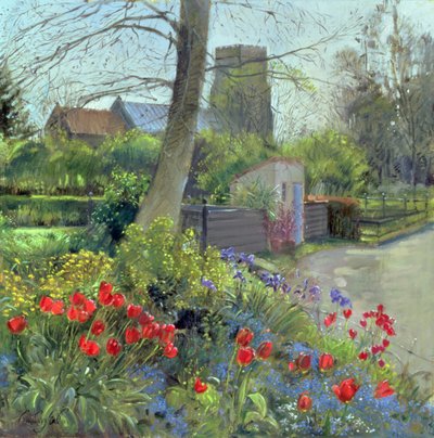 Rode Tulpen en Bedfield Kerk door Timothy Easton
