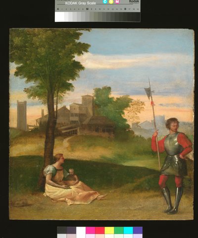 Een Idylle: Een moeder en een hellebaard in een boslandschap, ca. 1505-10 (olieverf op paneel) door Titian (c.1488 1576) (attr. to)