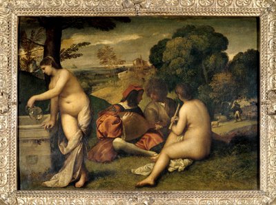 Het bandconcert Muzikanten op het gras, de twee vrouwen zijn naakt, een van hen vult haar kruik met water bij een fontein. Schilderij toegeschreven aan Tiziano Vecellio genaamd Titiaan (1485-1576) of Giorgio da Castelfranco genaamd Giorgione (1476/1478-151 door Titian (c.1488 1576) (attr. to)