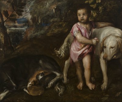 Jongen met honden in een landschap door Titian (c.1488-1576)