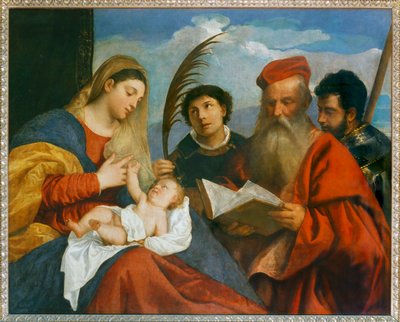 De maagd en het kind met de heilige Stefanus, de heilige Hiëronymus ... door Titian (c.1488-1576)