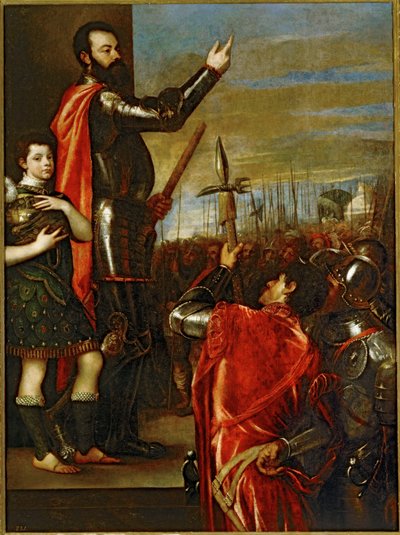 De markies van Vasto spreekt zijn soldaten toe ... (schilderij op doek) door Titian (c.1488-1576)