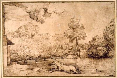 Landschap: een ruiterloos paard achtervolgd door een slang door Titian (c.1488 1576)