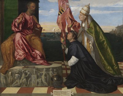 Dutch: Jacopo Pesaro, bisschop van Paphos, door paus Alexander VI Borgia voorgesteld aan de heilige Petrus Jacopo Pesaro, Bishop of Paphos, being Presented by Pope Alexander VI to Saint Peter door Titian