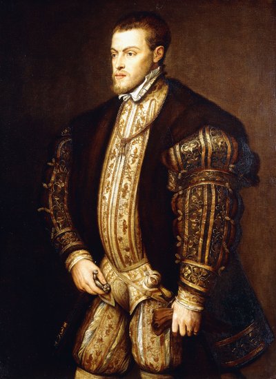Portret van Koning Filips II van Spanje, driekwart lengte, dragend Half Pantser en de Badge van de Orde van het Gulden Vlies door Tiziano Vecelli