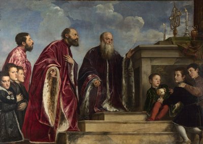 De familie Vendramin, vererend een relikwie van het ware kruis door Tiziano Vecelli