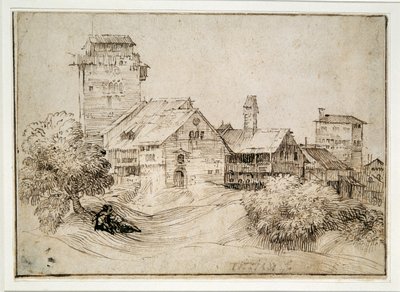Landschap met gebouwen en geliefden, omhelzend, naar Titiaan door Tiziano Vecelli (follower) Titian