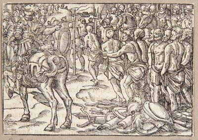 Cincinnatus beveelt de Aequi onder het juk door te gaan door Tobias Stimmer