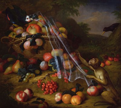 Gemengd fruit met een aap, een papegaai, een gaai en twee vinken in een landschap door Tobias Stranover