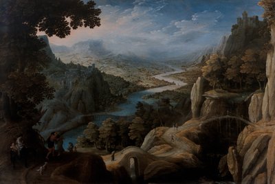 Een uitgestrekt bergachtig rivierlandschap met de verzoening van Jacob en Laban, een versterkte stad op een klif daarachter door Tobias Verhaecht