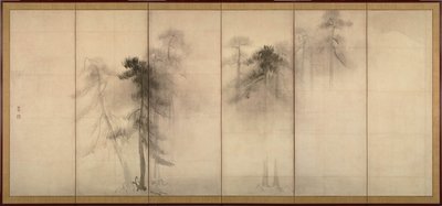 Pijnbomen Links van een paar zesdelige vouwschermen, 16e eeuw door Hasegawa Tohaku