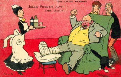 Onze kleine kwaaltjes, oom Podger heeft jicht (kleurenlitho) door Tom Browne