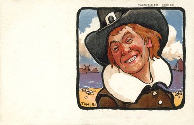 Smling man in Nederlands kostuum (kleurenlitho) door Tom Browne
