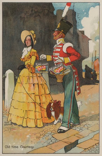 Soldaat en vrouw in Georgische kleding: advertentie voor Sunlight zeep (kleur litho) door Tom Browne