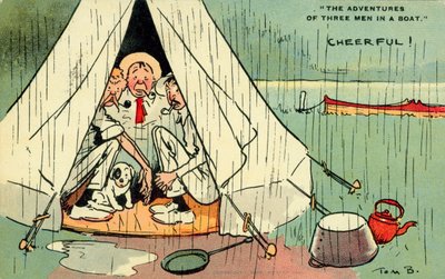 Drie mannen in een boot (kleurenlitho) door Tom Browne