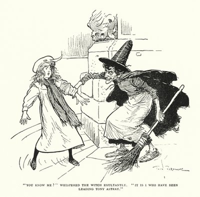 "Ken je me?" fluisterde de heks triomfantelijk, "Ik ben het die Tony op een dwaalspoor heeft gebracht" (litho) door Tom Browne