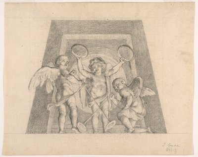 Drie Putti met Tamboerijnen en Trompetten, Ontwerp voor Lunet van de Sala delle Muse, Museo Pio-Clementino, Vaticaan door Tommaso Maria Conca