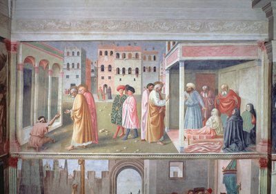 St. Petrus geneest een kreupele en de opstanding van Tabitha, ca. 1427 (fresco) door Tommaso Masolino da Panicale