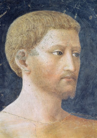 De verleiding van Adam en Eva, detail van het hoofd van Adam door Tommaso Masolino da Panicale