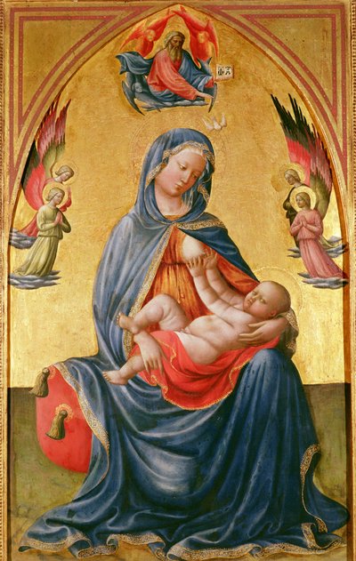 Maagd en Kind met God de Vader, Heilige Geest en engelen door Tommaso Masolino da Panicale