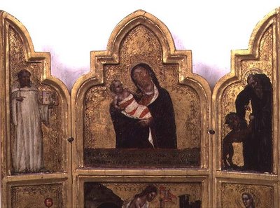Madonna en Kind met St. Benedictus en St. Hiëronymus, bovenste helft van drieluik door Tommaso da Modena Barisino or Rabisino