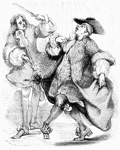 Molière: De burgerlijke edelman, meneer Jourdain danst onder leiding van zijn muziekmeester. Gravure door Tony Johannot in de editie van de volledige werken, Paulin 1836. door Tony Johannot