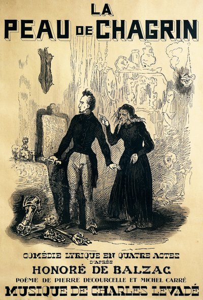 Poster voor Le peau de chagrin, komische opera, libretto door Pierre Decourcelle en Michel Carre, muziek door Charles Levade, naar roman van Honore De Balzac, tekening door Tony Johannot door Tony Johannot