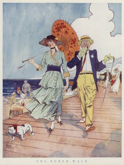 Koppel op de promenade, verveeld van elkaars gezelschap (kleur litho) door Tony Sarg