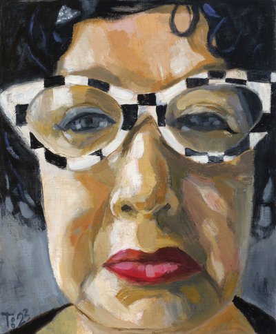 Portret met een bril met ruitjespatroon door Tore Bahnson