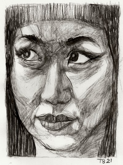 Tekening van een peinzende Aziatische vrouw door Tore Bahnson