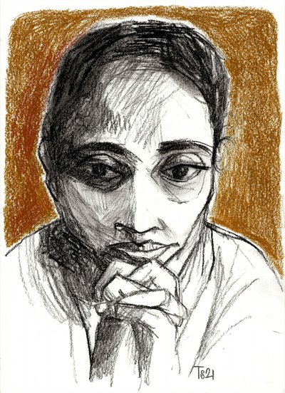 Tekening van een bedachtzame vrouw door Tore Bahnson