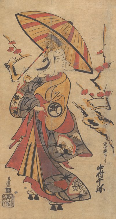Acteur Nakamura Senya als Tokonatsu in het Kabuki-stuk, De Erfenis van de Drie-Komma F..., ca. 1716 door Torii Kiyomasu I