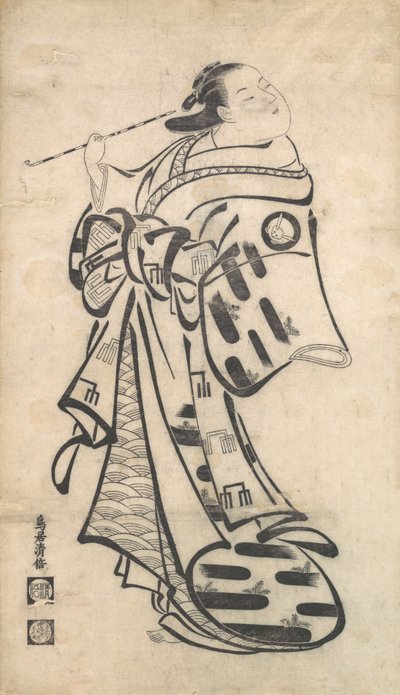 Een Oiran die staat, een pijp in haar rechterhand, en zich omdraait om achterom te kijken door Torii Kiyomasu I