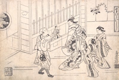 De acteur Ichimura Takenojo VIII in de rol van een poppenspeler, toont poppen aan een hof..., ca. 1715 door Torii Kiyomasu I