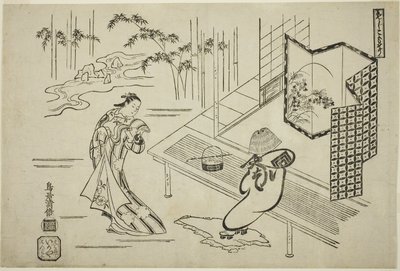 De acteurs Nakamura Takesaburo I als Kewaizaka no Shosho en Ichikawa Danjuro II als Soga no Goro verkleed als een komuso in het stuk 