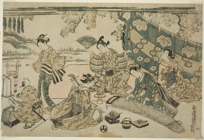 Een picknick onder kersenbomen door Torii Kiyomitsu I