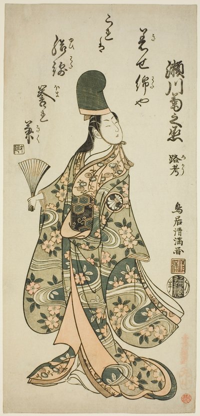 De acteur Segawa Kikunojo II als Shirabyoshi Renri in het toneelstuk "Imayo Dojoji" opgevoerd in het Ichimura Theater in de elfde maand, 1756 door Torii Kiyomitsu I