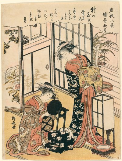 Een Spiegel op een Standaard die de Herfstmaan Suggereren (Kyodai no shugetsu), uit de serie "Acht Scènes van de Salon (Zashiki hakkei)" door Torii Kiyonaga