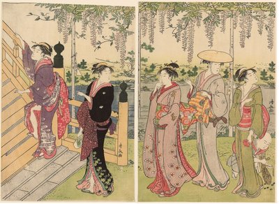 Bewondering van de blauwe regen bij het Kameido-heiligdom door Torii Kiyonaga