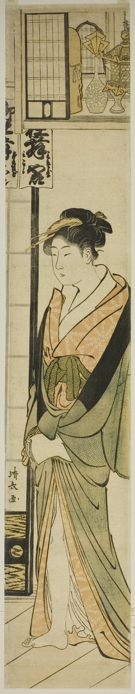 Courtisane Staand Onder een Plank voor Talismanen door Torii Kiyonaga