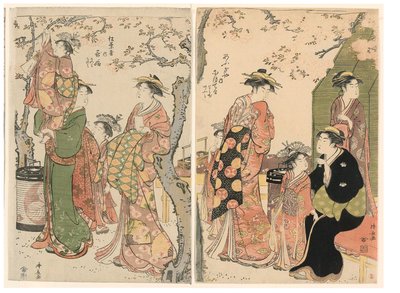 Courtisanes en hun Kinderen onder Bloeiende Kersenbomen door Torii Kiyonaga